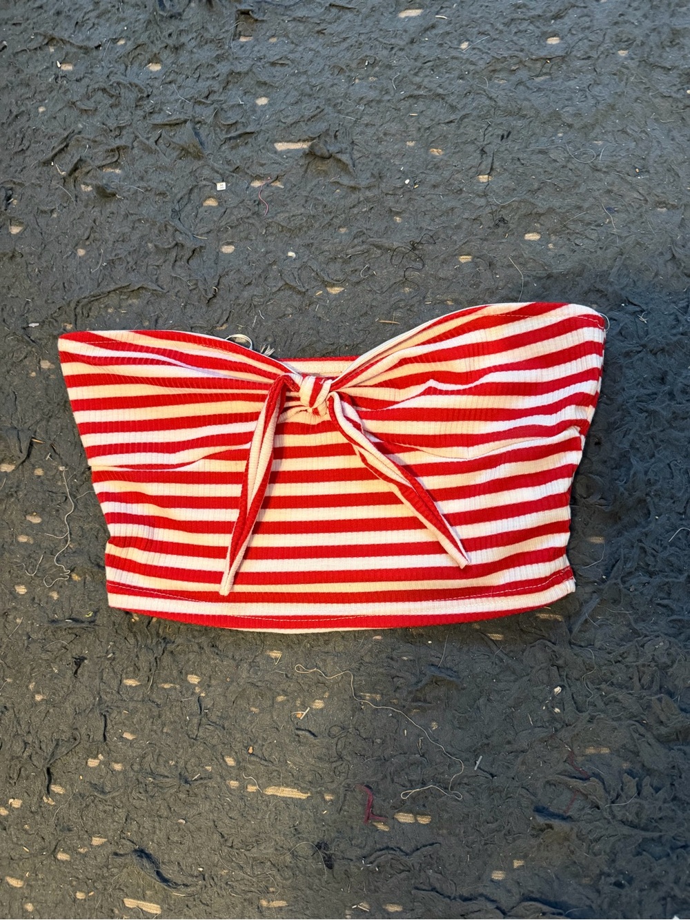 SHEIN Red and White Striped Tie-Front Ribbed Tube Crop Top